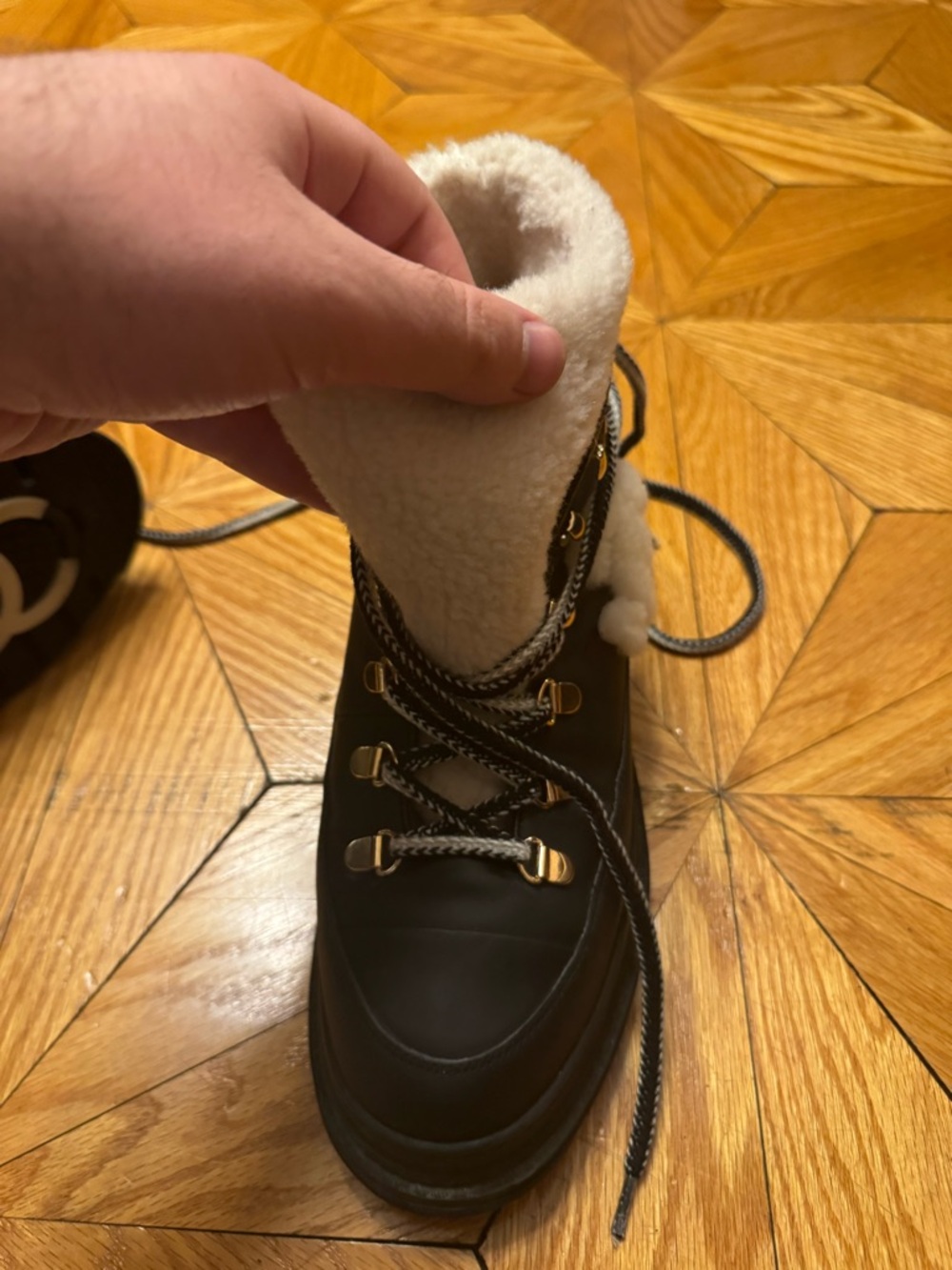 Chanel Black and Shearling-Trim Lace-Up Winter Snow Boots - Picture 7 of 16